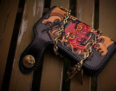 Handmade Leather Tooled Prajna Mens Chain Biker Wallet Cool Leather Long Wallet With Chain Wallets for Men