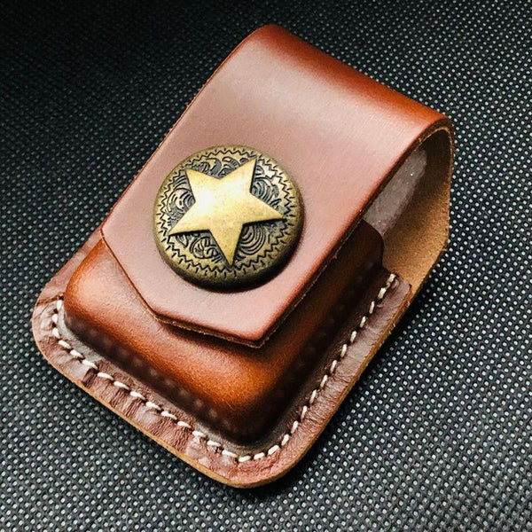 Brown Handmade Leather Mens Texas Star Zippo - Back View