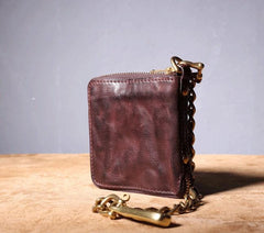 Handmade Genuine Leather Mens Chain Biker Wallet Cool Zipper Leather Wallet Bifold billfold Wallets