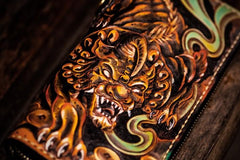 Handmade Leather Mens Tooled Monster Chain Biker Wallets Cool Leather Clutch Wallets Long Wallets for Men
