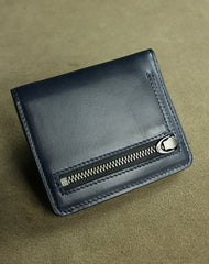 Cute Women Dark Blue Leather Small Bifold Wallet Billfold Wallet with Coin Pocket For Women