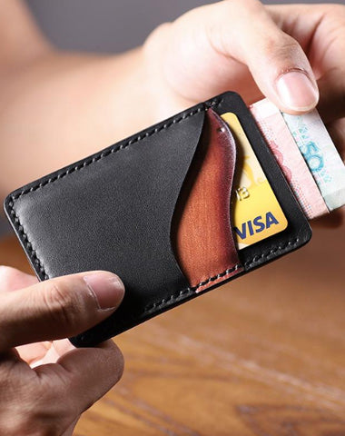 Black Leather Mens Front Pocket Wallet Personalized Slim Card Wallets for Men