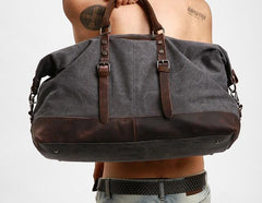 Gray Mens Leather Canvas Large Weekender Bag Canvas Travel Bag for Men