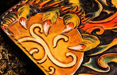 Handmade Leather Chinese Lion Tooled Mens Small Wallet Cool Leather Wallet billfold Wallet for Men