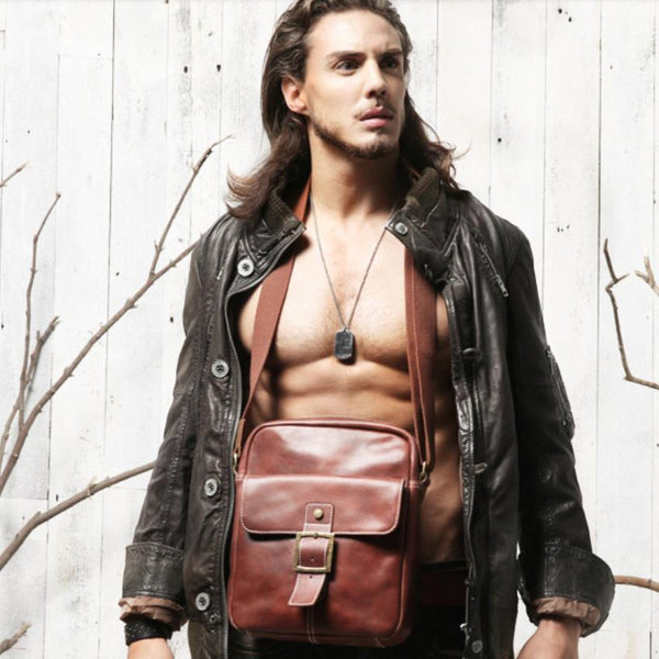 Brown Leather Mens Small Vertical Side Bag - Back View
