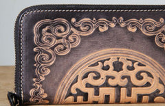 Handmade Genuine Leather Mens Cool Tooled Long Leather Wallet Bifold Clutch Wallet for Men