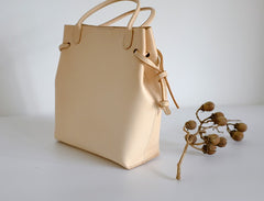 Handmade Leather Beige Womens Handbag Bucket Purse Barrel Bag for Women