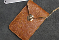 Handmade phone leather shoulder purse bag wallet flowral leather billfold wallet for men women - EverHandmade