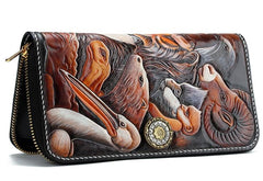 Handmade Leather Tooled The Animals Mens Chain Zipper Biker Wallet Cool Leather Wallet Long Phone Wallets for Men