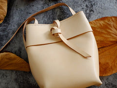 Handmade Leather Beige Womens Bucket Purses Barrel Shoulder Bags for Women