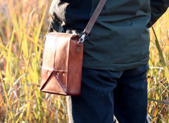 Handmade Vintage Brown Leather Mens Box Bag Shoulder Bag Messenger Bag for Men