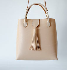 Handmade Leather Beige Womens Handbag Shoulder Bag Crossbody Purse Tassels for Women