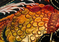 Handmade Leather Tooled Carp Mens Chain Biker Wallet Cool Leather Wallet Long Phone Wallets for Men