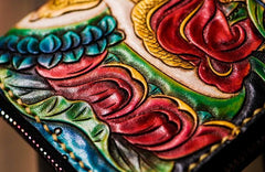 Handmade Leather Tooled Yellow Jambhala Mens Chain Biker Wallets Cool Leather Wallet Zipper Long Wallets for Men