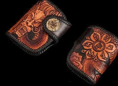 Handmade Leather Tooled Chinese Dragon Biker Wallet Mens Cool billfold Chain Wallet Trucker Wallet with Chain