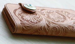 Handmade Mens Tooled Floral Beige Leather Long Biker Wallet Cool Long Chain Wallet for Men