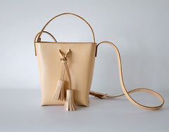 Handmade Leather Beige Womens Handbag Bucket Purse Barrel Shoulder Bags for Women