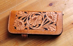 Handmade Tooled Floral Mens Leather Long Biker Wallet Cool Long Chain Wallet for Men