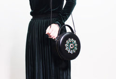 Genuine Leather Round Bag Handbag Purse Shoulder Bag Black for Women Leather Crossbody Bag - EverHandmade