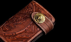 Handmade Leather Skull Indian Chief Tooled Mens billfold Wallet Cool Chain Wallet Biker Wallet for Men