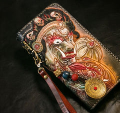 Handmade Leather Tooled Mahākāla Mens Chain Biker Wallet Cool Leather Wallet Long Clutch Wallets for Men