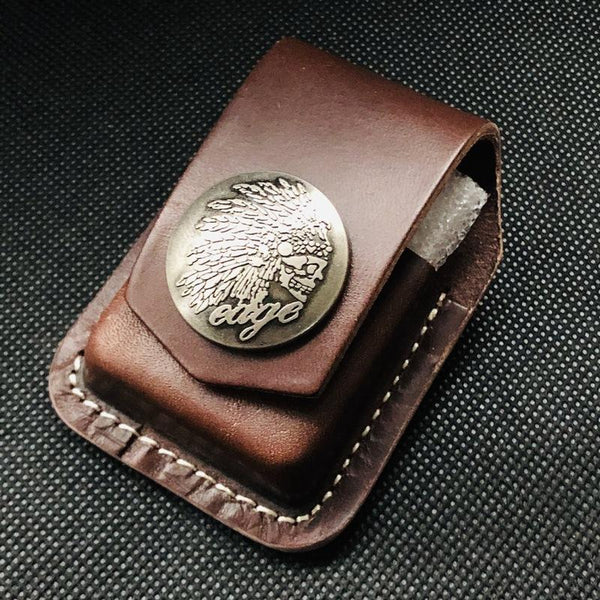 Coffee Handmade Leather Mens Indian Chief Zippo - Back View