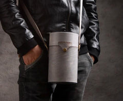 Handmade Gray Leather Mens Barrel Bag Shoulder Bag Messenger Bag for Men