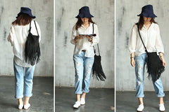 Handmade WOMENs LEATHER Tassels Shoulder Bag Vintage Crossbody Purse With tassels