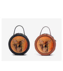 Handmade Womens Black Leather Round Handbag Purse Round Deer Crossbody Bag for Women