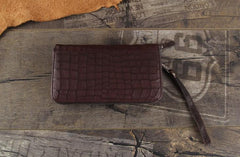 Handmade Genuine Leather Mens Cool Long Leather Wallet Zipper Clutch Wristlet Wallet for Men