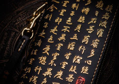 Handmade Leather Mens Chinese Handwriting Biker Chain Wallet Cool Leather Wallets Long Wallets for Men