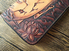Handmade Leather Buddha&Demon Tooled Mens Long Wallet Cool Leather Wallet Clutch Wallet for Men