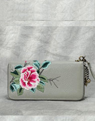 Handmade Embroidery Gray Leather Peony Wristlet Wallet Womens Zip Around Wallets Flowers Peony Ladies Zipper Clutch Wallet for Women