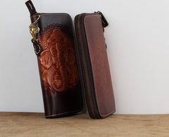 Handmade Leather Ganesha Tooled Biker Chain Mens Long Wallet Cool Leather Wallet Clutch Wallet for Men