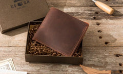 Brown Cool Leather Mens Small Wallet Bifold Vintage Slim billfold Wallet for Men