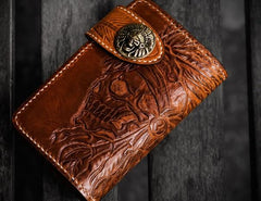 Handmade Leather Tooled Skull Indian Chief Biker Wallets Mens Cool billfold Chain Wallet Trucker Wallet with Chain