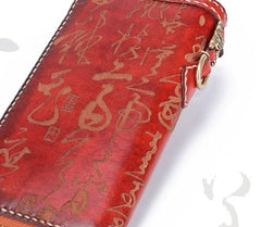 Handmade Leather Mens Chinese Handwriting Chain Biker Wallet Cool Leather Wallet Long Phone Wallets for Men