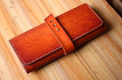 Handmade Leather Mens Long Trifold Wallet Vintage Cool Long Wallet for Men