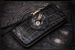 Handmade Leather Chinese Dragon Mens Chain Biker Wallet Cool Leather Wallet Long Clutch Wallets for Men