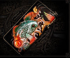 Handmade Leather Tooled Carp Mens Biker Chain Wallets Cool Leather Wallet Long Chain Wallets for Men