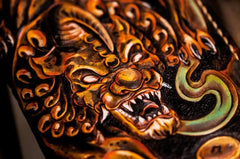 Handmade Leather Mens Tooled Monster Chain Biker Wallets Cool Leather Clutch Wallets Long Wallets for Men