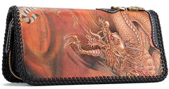 Handmade Leather Tooled Chinese Dragon Tiger Mens Chain Biker Wallet Cool Leather Wallet Long Clutch Wallets for Men