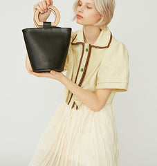 Cute Leather Black Womens Mini Bucket Purse Handbag Barrel Shoulder Bag for Women