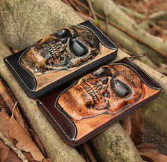 Handmade long skull clutch wallet leather men black white tooled wallet for men