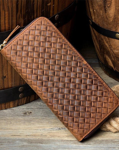 Brown Woven Mens long Wallet Wristlet Wallet Clutch Wallet Zipper Bifold Long Wallet for Men