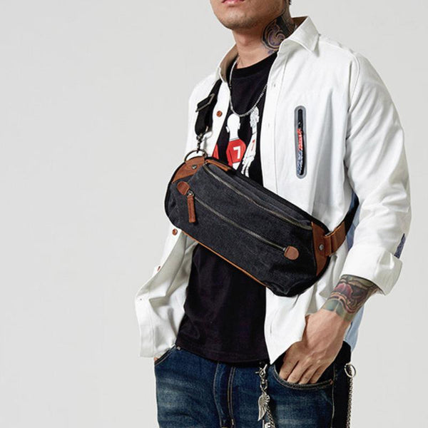 Black Canvas Leather Fanny Pack Men's Chest - Back View