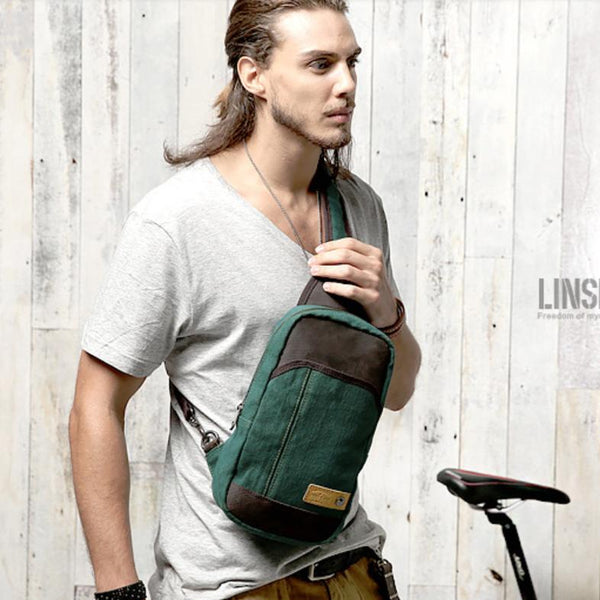 Green Canvas Sling Backpack Men's Sling Bag - Back View