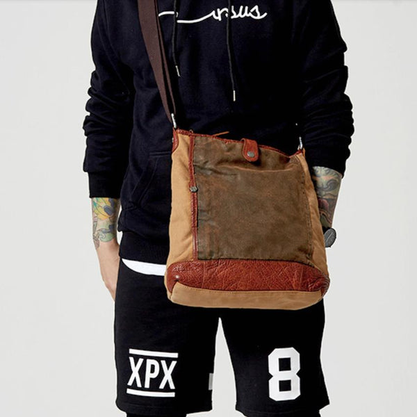 Canvas Leather Mens Distressed Brown Vertical Side - Back View