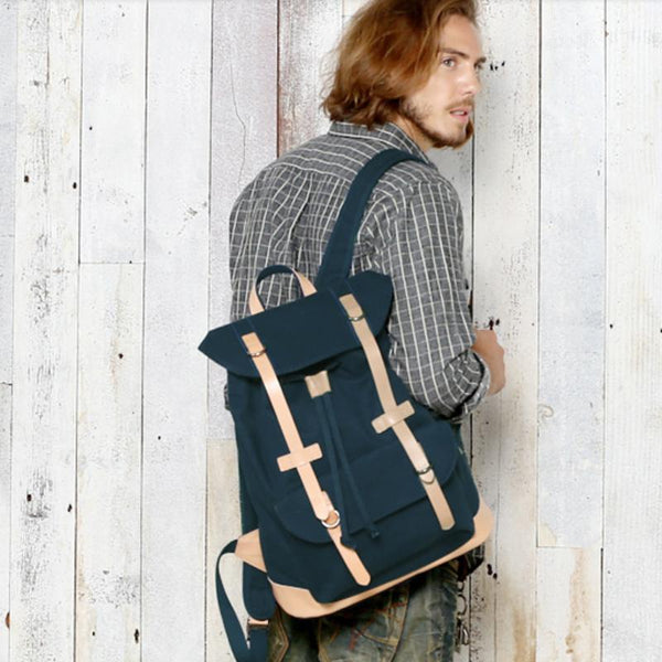Black Fashion Canvas Leather Mens Laptop Backpack - Back View