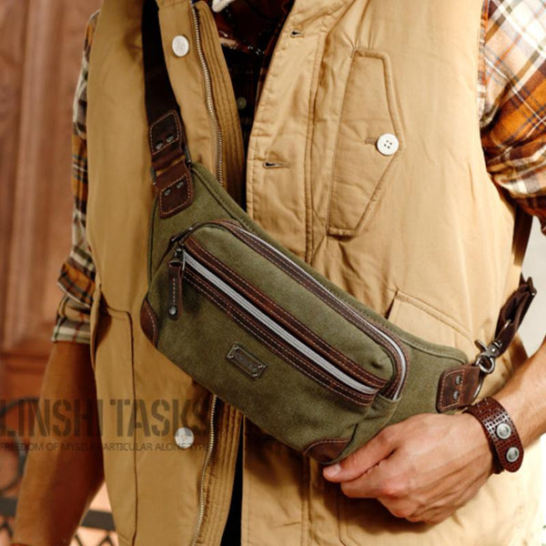 Navy Blue Canvas Leather Fanny Pack Women's - Back View